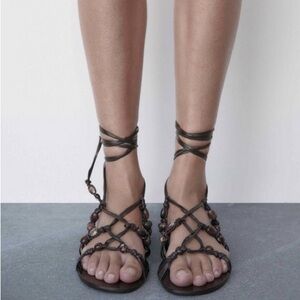 Zara Flat Brown Strappy Sandals w Stones